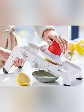Tupperware White and Red Handheld Mandoline Slicer with Safety Food Holder